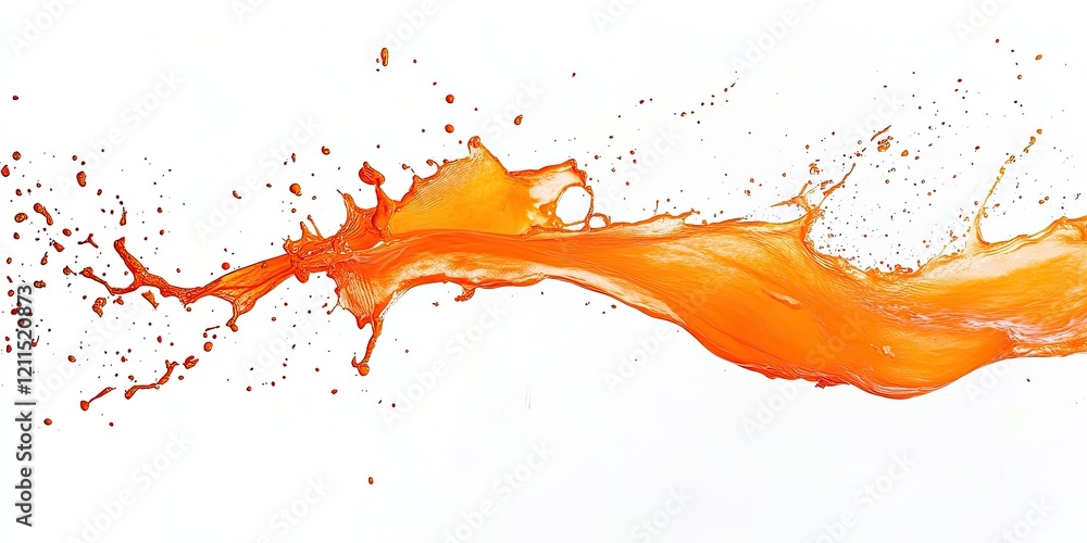 Poster dynamic orange liquid splash across a clean white background with scattered droplets enhancing movem