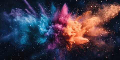 Naklejka premium Colorful powder explosion against a dark background with vibrant blue, pink, orange, and glitter particles creating a dynamic freeze motion effect