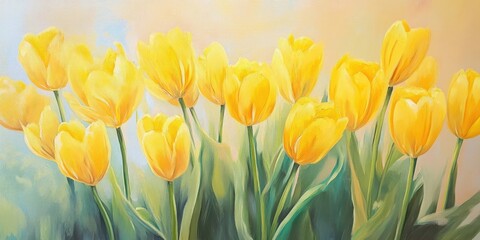 Vibrant yellow tulips in full bloom with green foliage against a soft, pastel background showcasing nature's beauty and spring vibrance.