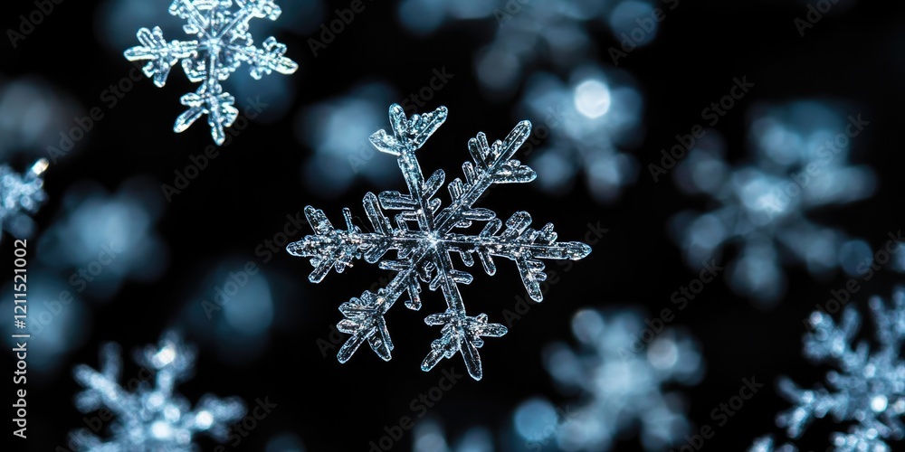 Poster isolated translucent snowflakes with intricate designs on a dark blurred background creating a seren