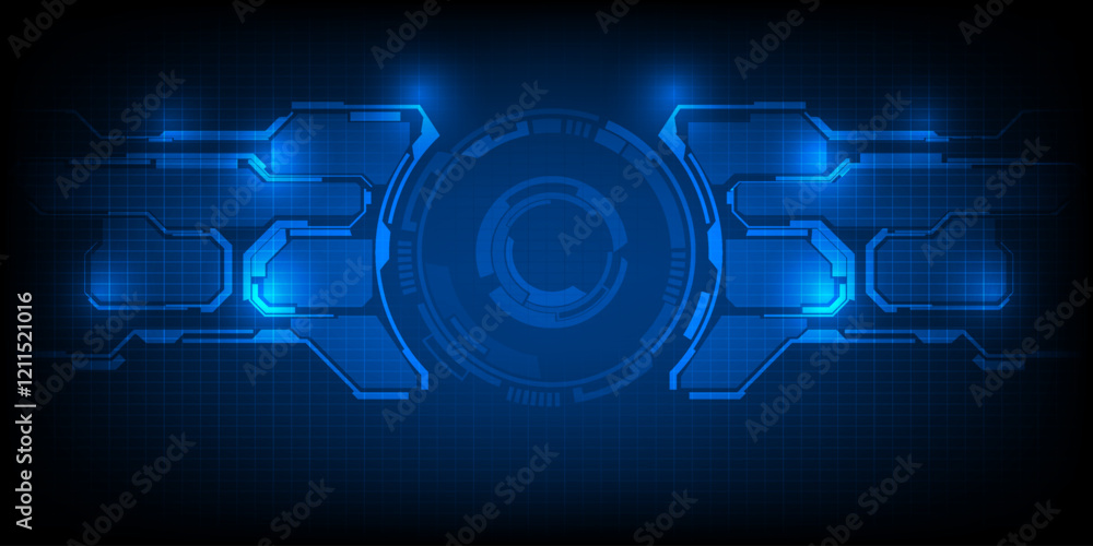 Poster vector illustration of futuristic blue digital high technology with circle hud and digital circuit e