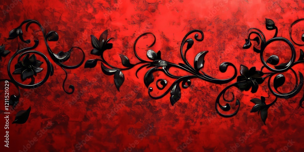 Aufkleber red textured background with intricate black decorative floral elements positioned along the center,