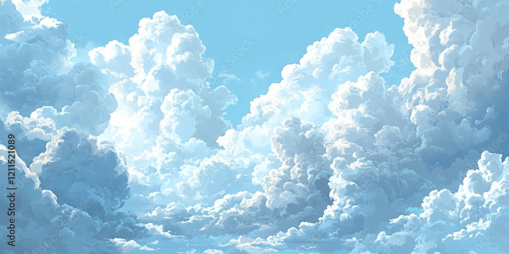 Poster scattered fluffy white and grey clouds float across a serene light blue sky creating a tranquil atmo