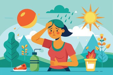 A person feels dizzy and unwell from heat exhaustion under a bright sun hot summer day, sunstroke, Sweat, perspire, headache and dehydration
