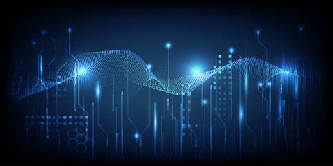 Abstract technology background with waveform dots and hi tech circuit patterns.