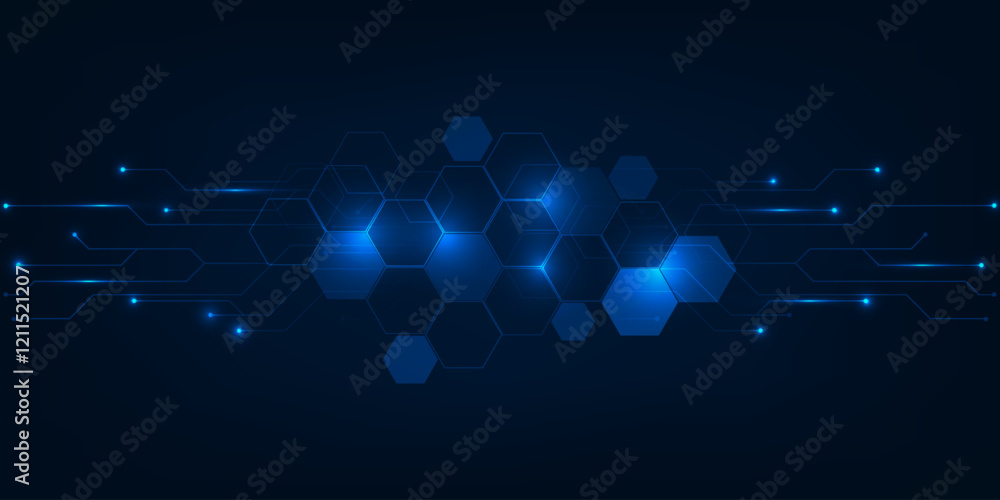 Poster vector illustrations of blue hexagonal network pattern digital hi tech background.