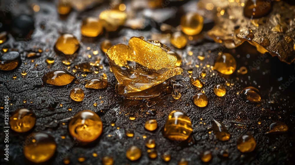 Aufkleber golden droplets dancing on dark canvas nature art macro photography tranquil setting close-up view l