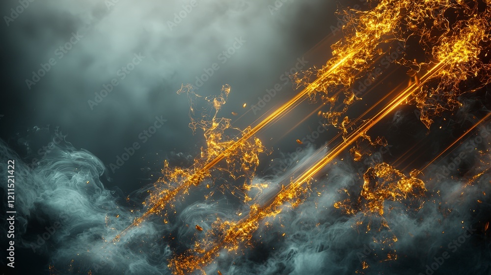 Poster Golden diagonal lines illuminating misty background dynamic abstract art ethereal environment dramatic viewpoint