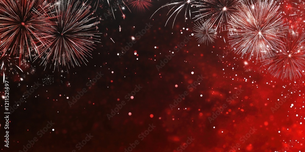 Poster colorful fireworks burst in the black sky with red and silver sparks creating an abstract festive ba