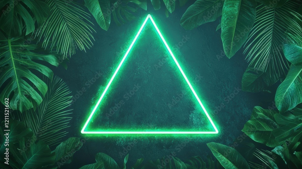 Poster neon light border with jungle foliage triangular neon border in vibrant green enclosing a dark backg