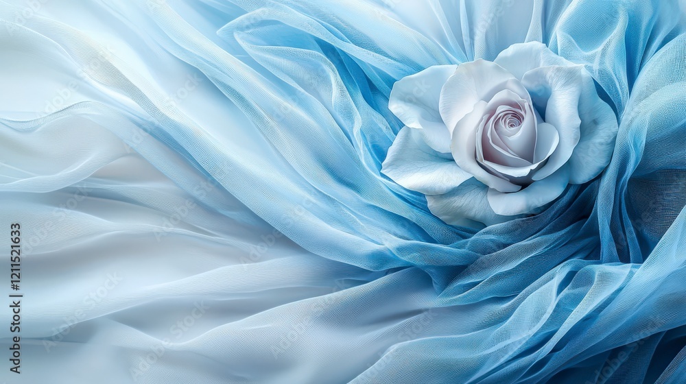 Poster soft blue hues and elegant rose unveiled in textured fabric serene setting artistic photograph close