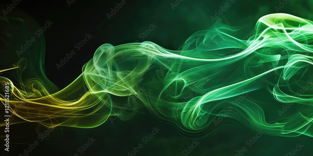 Poster green smoke swirls gracefully across a dark background with hints of yellow, creating a dynamic and 