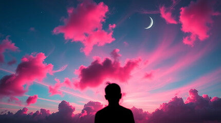 Obraz premium silhouette figure, vibrant pink and purple sunset sky, crescent moon, dramatic clouds, dreamlike atmosphere, surreal landscape, colorful twilight, celestial scene, awe-inspiring view, cosmic wonder, d