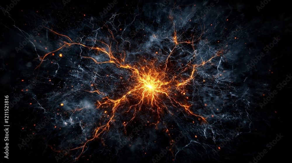 Poster dramatic perspective explosive orange sparks in the dark space of imagination and abstract visual ar