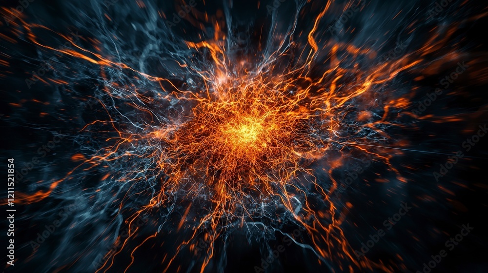 Poster illuminating orange sparks in a dark broken space abstract art visual digital environment cosmic con