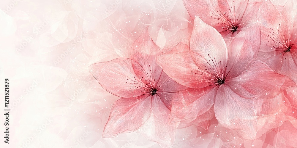 Poster delicate pink flowers in soft focus on a light pastel background with gentle hints of white creating