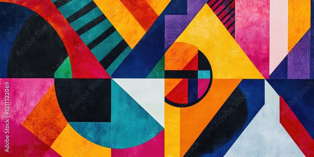 Poster colorful abstract geometric patterns with bold reds yellows and blues arranged in shapes creating a 