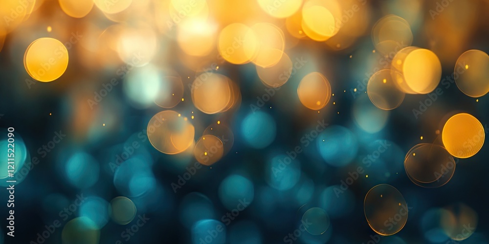 Poster soft bokeh texture with golden and blue circular highlights, blurred background creating dreamy effe