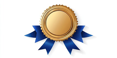 Gold embossed seal with blank center surrounded by two blue ribbons, centrally positioned on a clean white background for emphasis and clarity