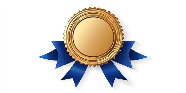 Gold embossed seal with blank center surrounded by two blue ribbons, centrally positioned on a clean white background for emphasis and clarity