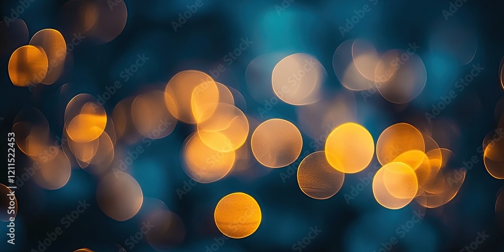 Poster bokeh effect with warm yellow and soft white circular lights on a dark blue background creating a dr