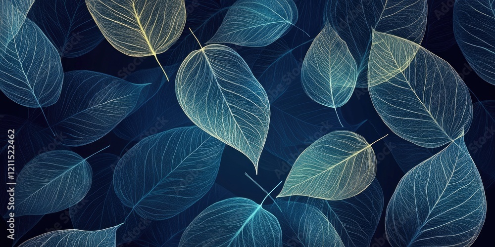 Poster abstract background of translucent skeleton leaves in blue and yellow hues on a dark gradient backdr