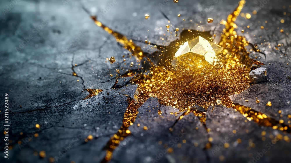 Aufkleber Golden particles emerge from fragile crystal burst abstract background digital artwork close-up beauty of nature