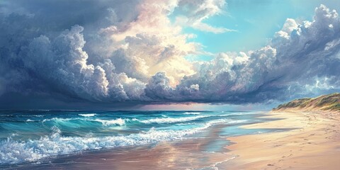 Dramatic coastal landscape with dark storm clouds above turquoise waves and sandy beach illuminated by soft sunlight in the distance