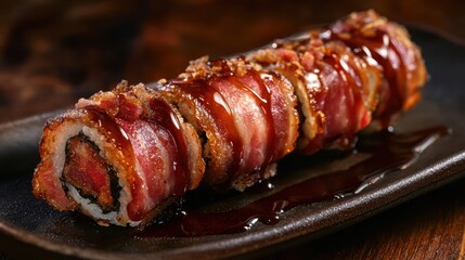 Delicious Sushi Roll Wrapped in Crispy Bacon with Glaze Drizzle