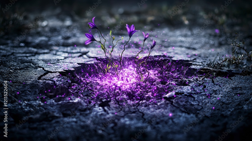 Aufkleber small violet sparks emerge from cracks in the ground nature scene nighttime magical environment clos