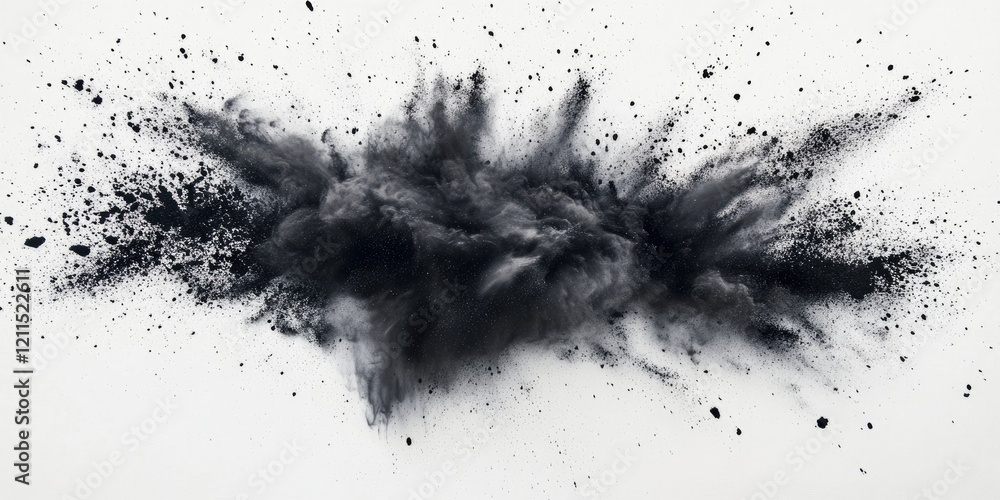Poster black powder explosion with dynamic black cloud and particles on a clean white background showcasing