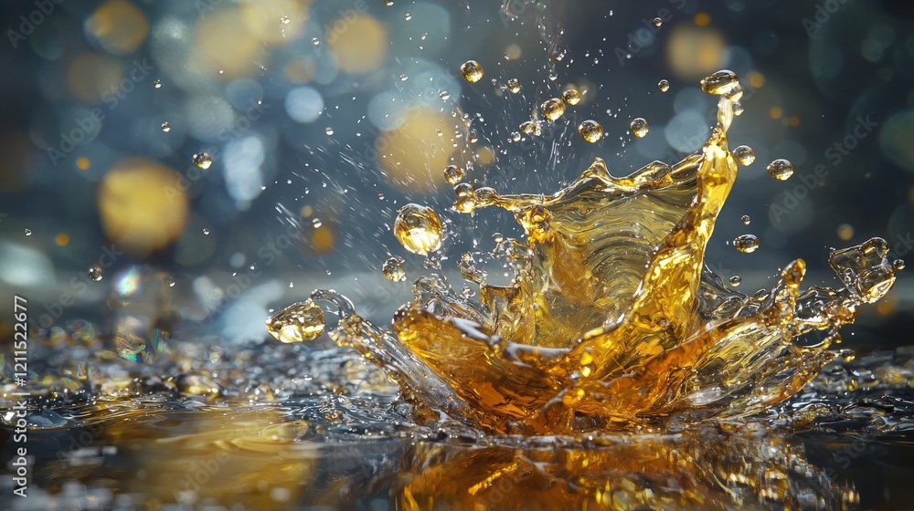 Poster amber drops create warm splashes in midair captured in nature's dance close-up dynamic environment