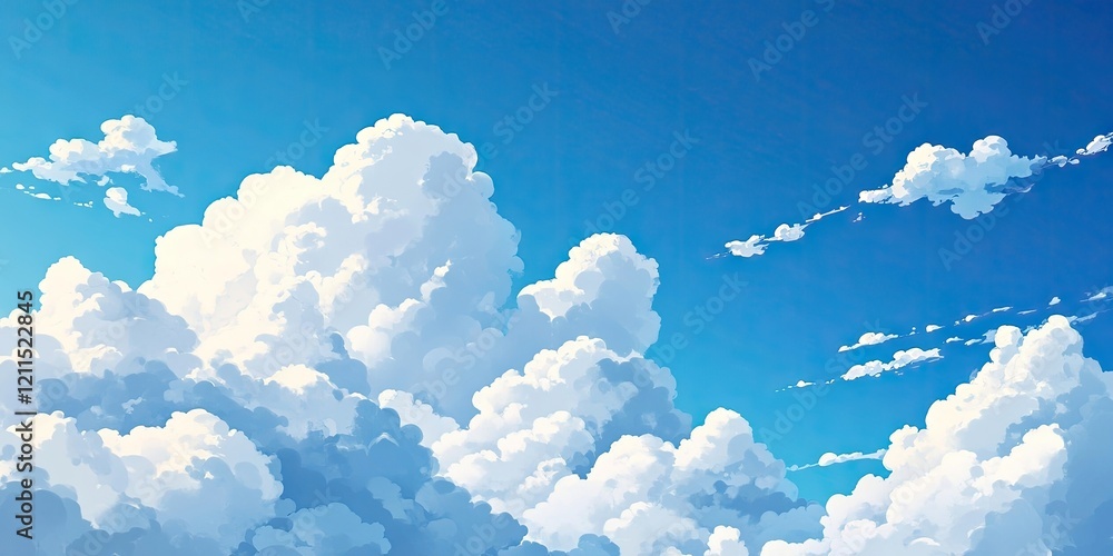 Poster fluffy white clouds cluster in the upper section of a vibrant blue sky with scattered wispy clouds i