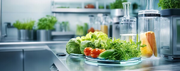 Futuristic kitchen featuring advanced food waste sensors for sustainable cooking and smart home innovation.