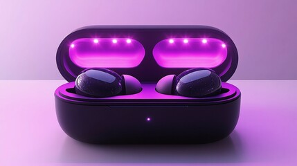 Deep purple high-gloss earbuds in sleek matte black case with LED illumination