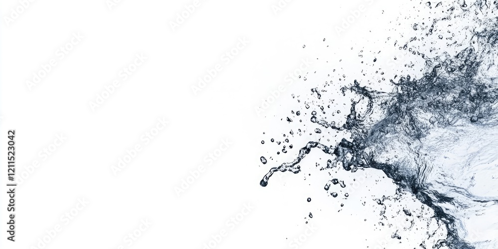 Poster dynamic water splash on a white background with droplets scattered on the right side and ample white