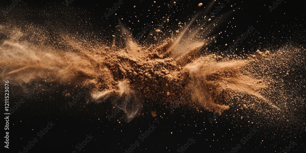 Poster dynamic burst of brown powder exploding against a black background showcasing fine particle dispersi