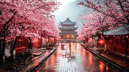 Fototapeta premium Enchanted Cherry Blossom Street in China: A Dreamy Rainy Scene