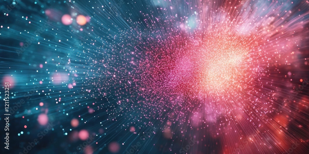 Poster vibrant abstract image showcasing dynamic pink and blue particles radiating outward against a dark b