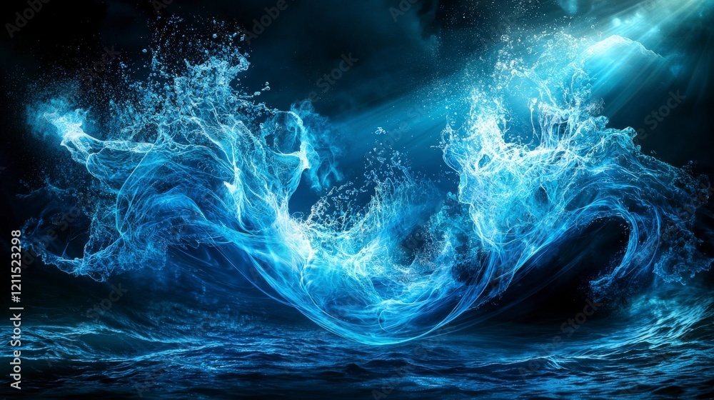 Aufkleber swirling blue waves break through mental fog at ocean's edge abstract visual art mystical environmen