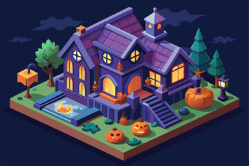 A beautifully decorated house captures the essence of Halloween festivities with pumpkins and eerie lighting House halloween decorations Customizable Isometric Illustration