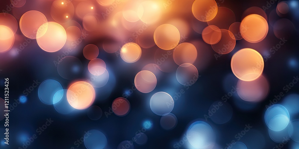 Poster blurred bokeh light background with orange and blue circles on a dark backdrop creating a dreamy abs