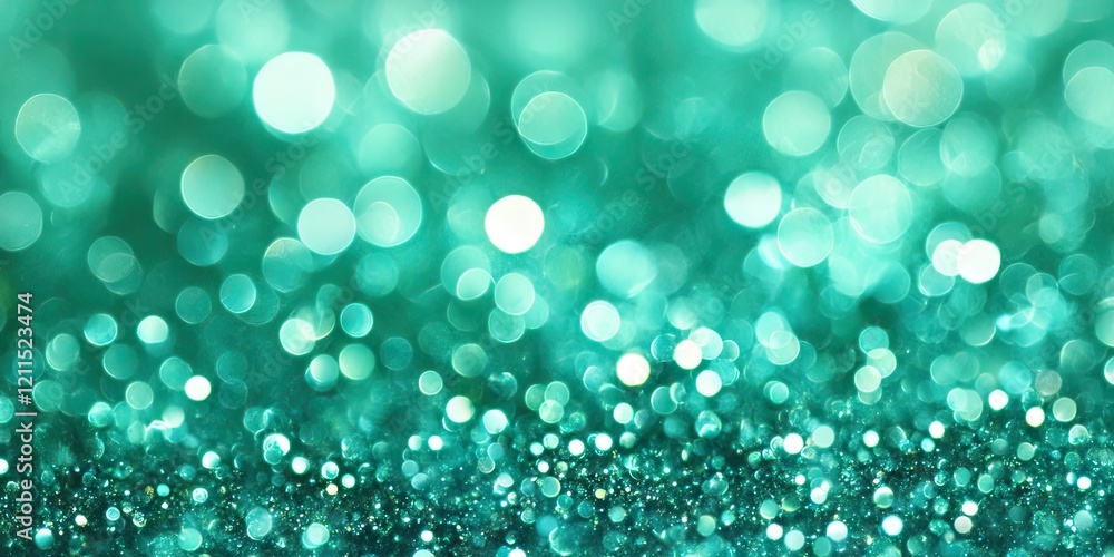 Poster shimmering turquoise glitter background with varying bokeh circles in soft focus positioned in the l
