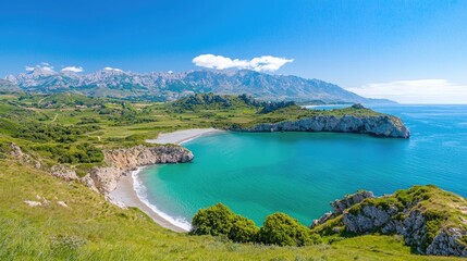 Secluded cove beach, mountains backdrop, sunny day, idyllic coastal scene, travel poster