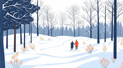 Couple winter walk snowy forest path, idyllic background, romantic getaway