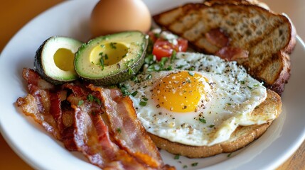 Delicious Breakfast Plate with Egg, Bacon, Avocado, and Toast