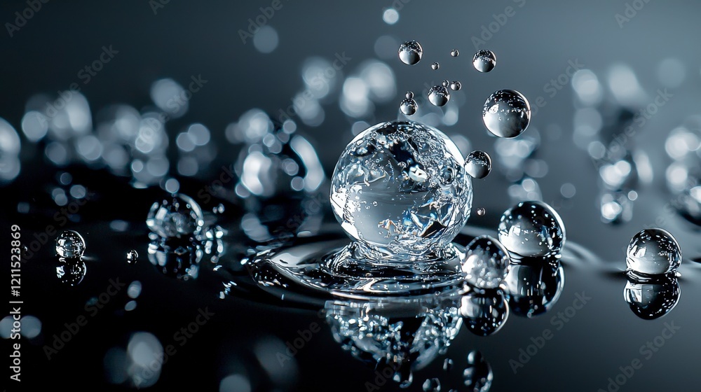 Poster tiny droplets of silver scatter across the canvas of water studio macro photography modern close-up 