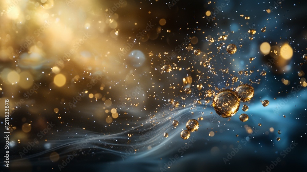 Aufkleber golden droplets spreading in the air abstract scene liquid particles ethereal environment close-up v