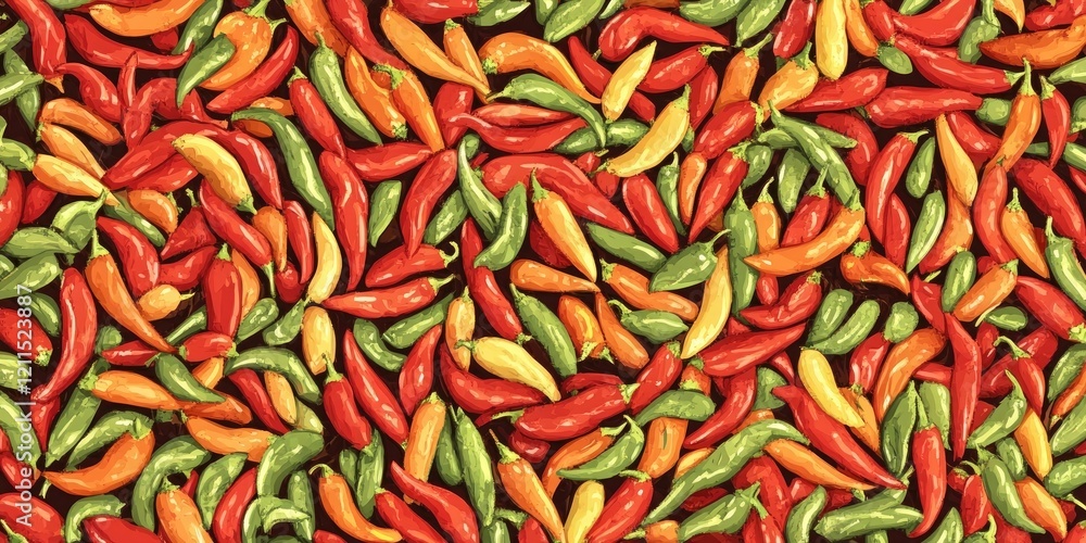 Poster vibrant top view of a diverse array of red green and yellow chillies arranged densely on a dark back