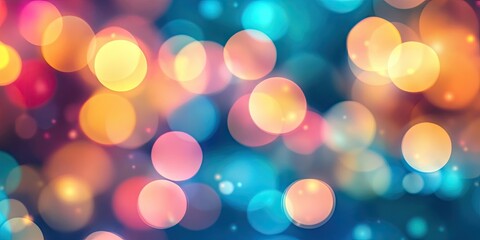 Fototapeta premium Vibrant bokeh background with soft circular shapes in hues of blue, orange, pink, and yellow creating a dreamy, abstract atmosphere.